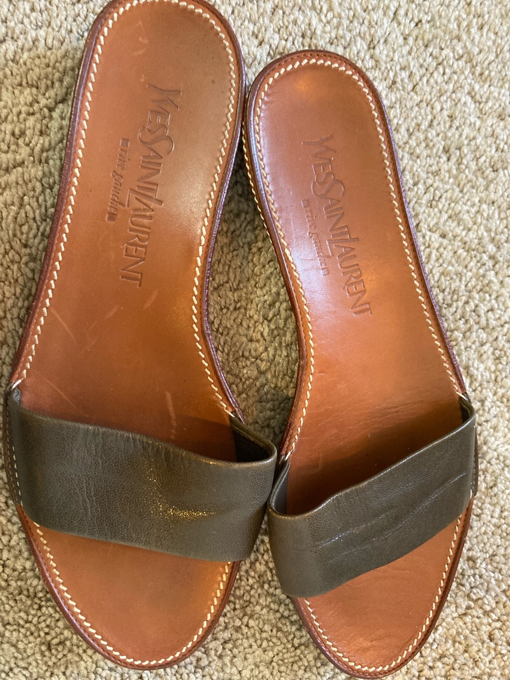 Yves Saint Laurent Brown Leather Slide Sandals with Dark Brown Strap